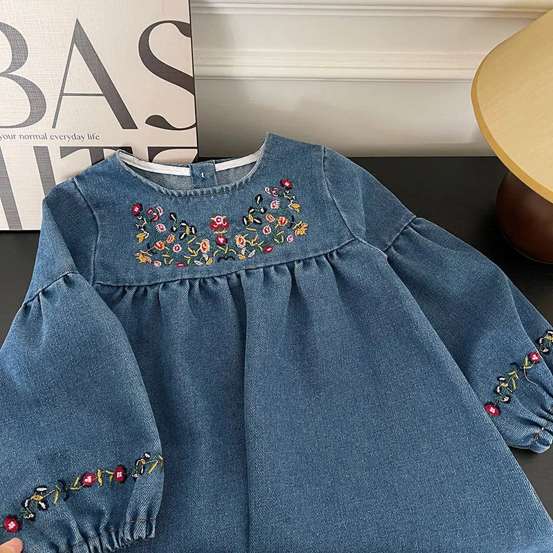 Girls Denim Dresses Autumn New Embroidery Floral Long Sleeve Dress Children's Daily Casual Clothes