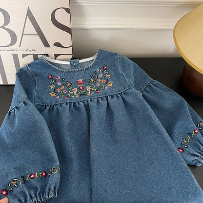 Girls Denim Dresses Autumn New Embroidery Floral Long Sleeve Dress Children's Daily Casual Clothes