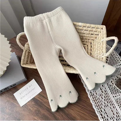 Nouveaux leggings d'hiver doublés en polaire pour enfants, jolis pantalons pattes d'éléphant brodés de cerises