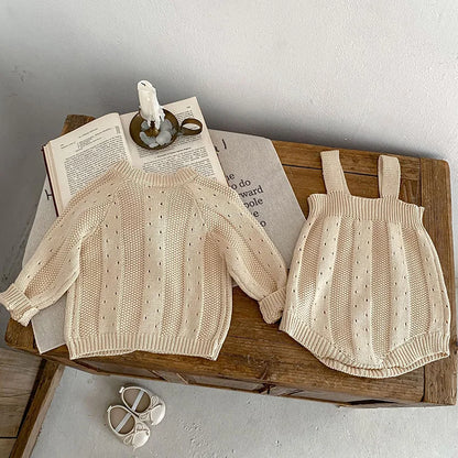 Ensemble de vêtements pour bébé fille avec broderie florale, pull en tricot beige et body