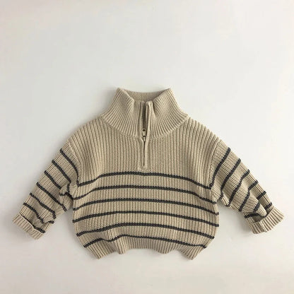 Autumn Stand Collar Striped Kids Sweater – Boys Pullover & Girls Half-Zip Knit Jacket