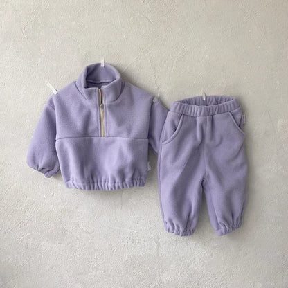 Winter Baby Sports Suit Solid Color Fleece Hoodies Suit Toddler Loose Outwear 2PCS (0-3T)