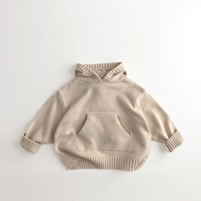 Pull à capuche en tricot fin avec poche avant pour enfants, garçons et filles, pull en tricot ample, manteau en tricot à capuche pour tout-petits