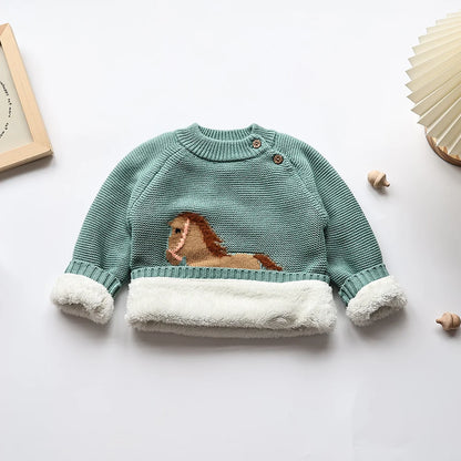 Winter Neue Cartoon Kinder Pullover Pelz-Gefüttert Fleece Strickwaren Pullover