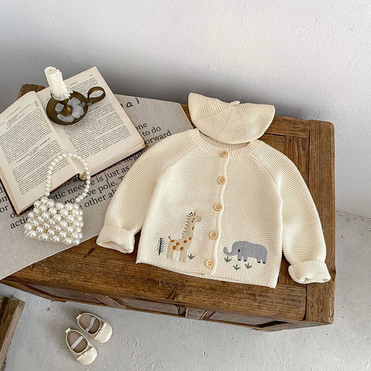 Autumn Baby Girls Animal Embroidery Sweater – Beige Knit O-Neck Cardigan (0-3Y)