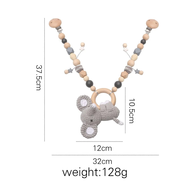 Beißring aus Holz und Rassel zum Aufhängen am Babybett – Gehäkeltes Tier-Trost- und Kinderwagen-Dekor