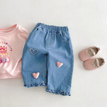 New Spring Girls Jeans – Cute Three-Dimensional Love Trousers for (0-5T)