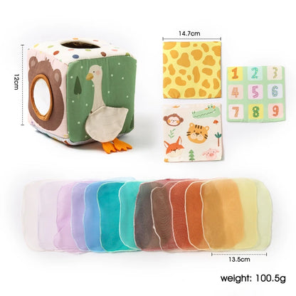 Montessori Baby Busy Board - Cotton Tissue Box & Rattle Toy