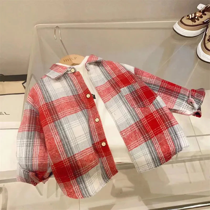 Autumn Kids Plaid Shirt 2-7Y Vintage Style Turn-Down Collar Boys & Girls Casual Top