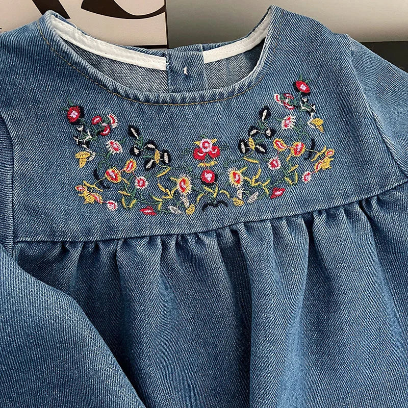 Girls Denim Dresses Autumn New Embroidery Floral Long Sleeve Dress Children's Daily Casual Clothes