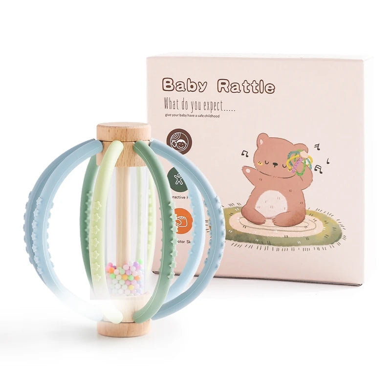 Baby Rattle & Rain Drum - Wooden & Silicone Sensory Teether Toy