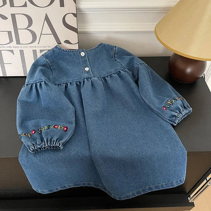 Girls Denim Dresses Autumn New Embroidery Floral Long Sleeve Dress Children's Daily Casual Clothes