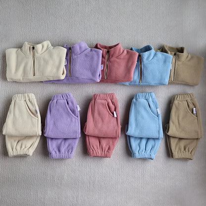 Ensemble de sport d'hiver pour bébé, couleur unie, polaire, sweat à capuche, vêtements d'extérieur amples pour tout-petits, 2 pièces (0-3 ans)