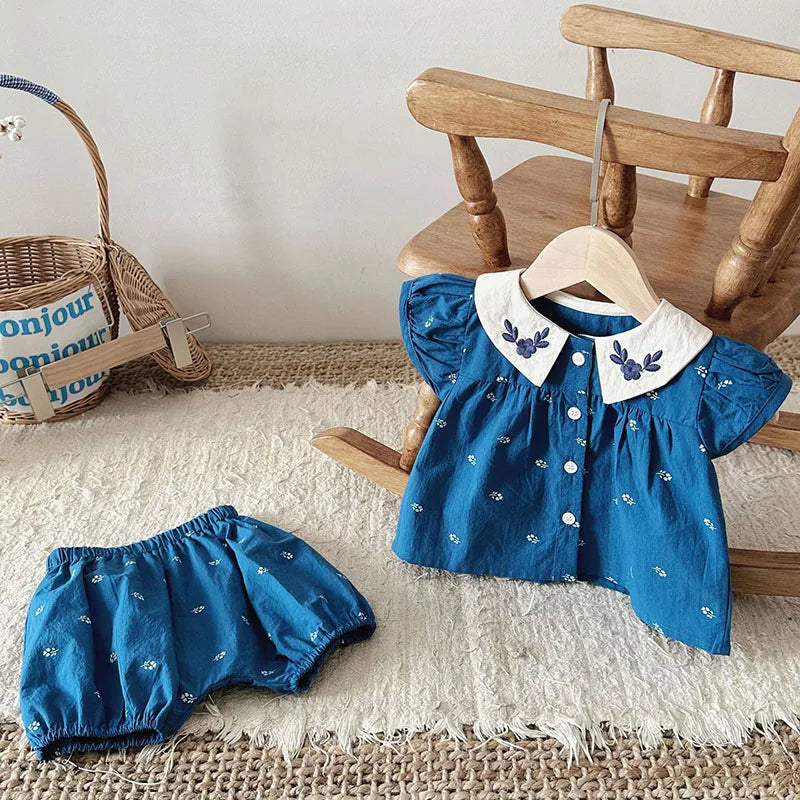 Ensemble de vêtements d'été pour bébé, joli chemisier à col Peter Pan et short, 2 pièces, pour petites filles