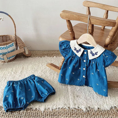 Baby-Sommerkleidungsset mit hübscher Bluse und Shorts mit Peter-Pan-Kragen, 2-teilig, für Kleinkinder, Mädchen