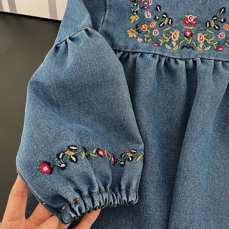 Mädchen Denim Kleider Herbst Neue Stickerei Floral Langarm Kleid Kinder Täglichen Casual Kleidung