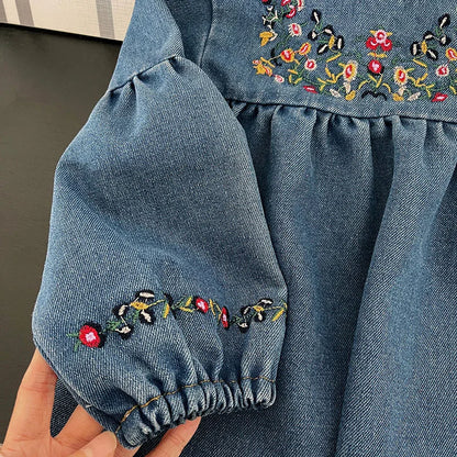 Girls Denim Dresses Autumn New Embroidery Floral Long Sleeve Dress Children's Daily Casual Clothes