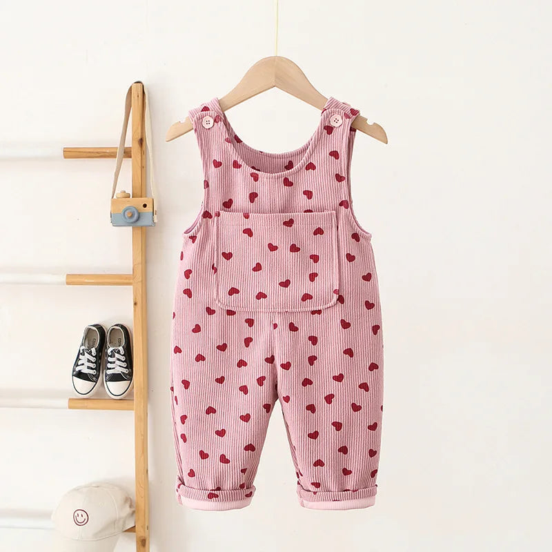 Vêtements de printemps pour bébés de 1 à 4 ans, broderie cœur, salopette unie en velours côtelé, bretelles décontractées, vêtements d'extérieur