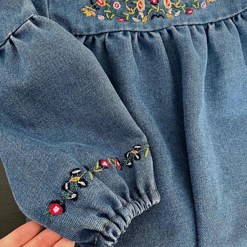 Girls Denim Dresses Autumn New Embroidery Floral Long Sleeve Dress Children's Daily Casual Clothes