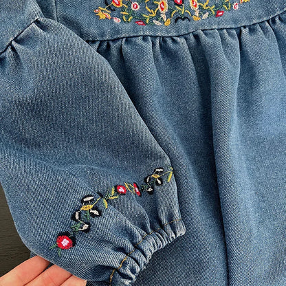 Mädchen Denim Kleider Herbst Neue Stickerei Floral Langarm Kleid Kinder Täglichen Casual Kleidung