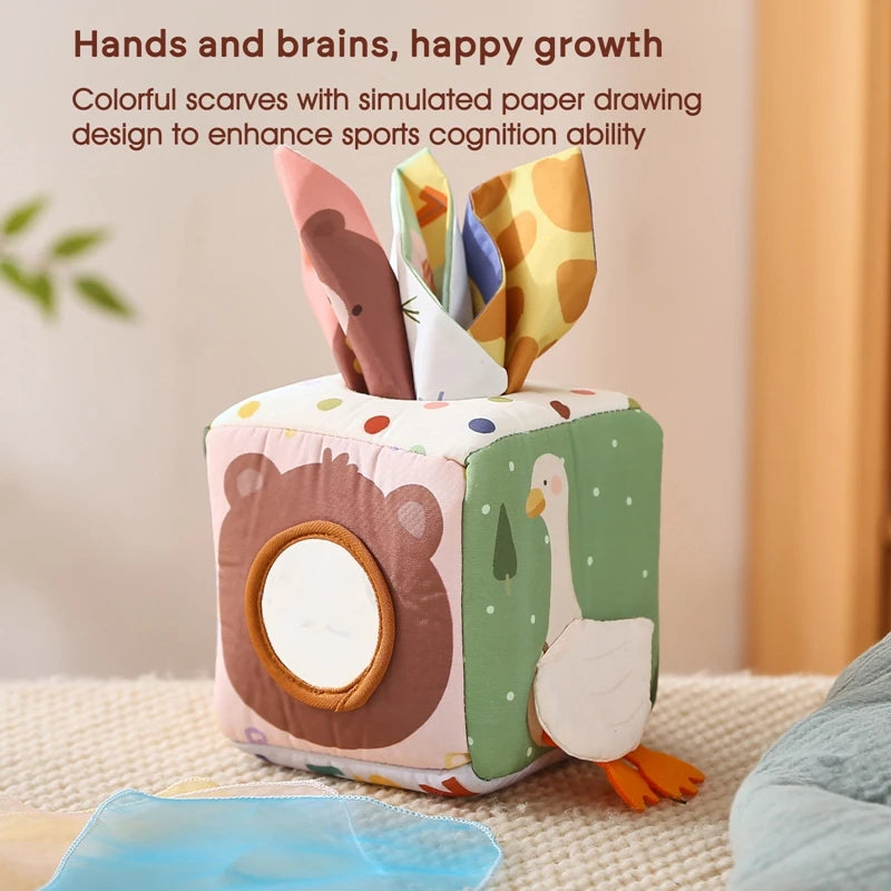 Montessori Baby Busy Board - Cotton Tissue Box & Rattle Toy