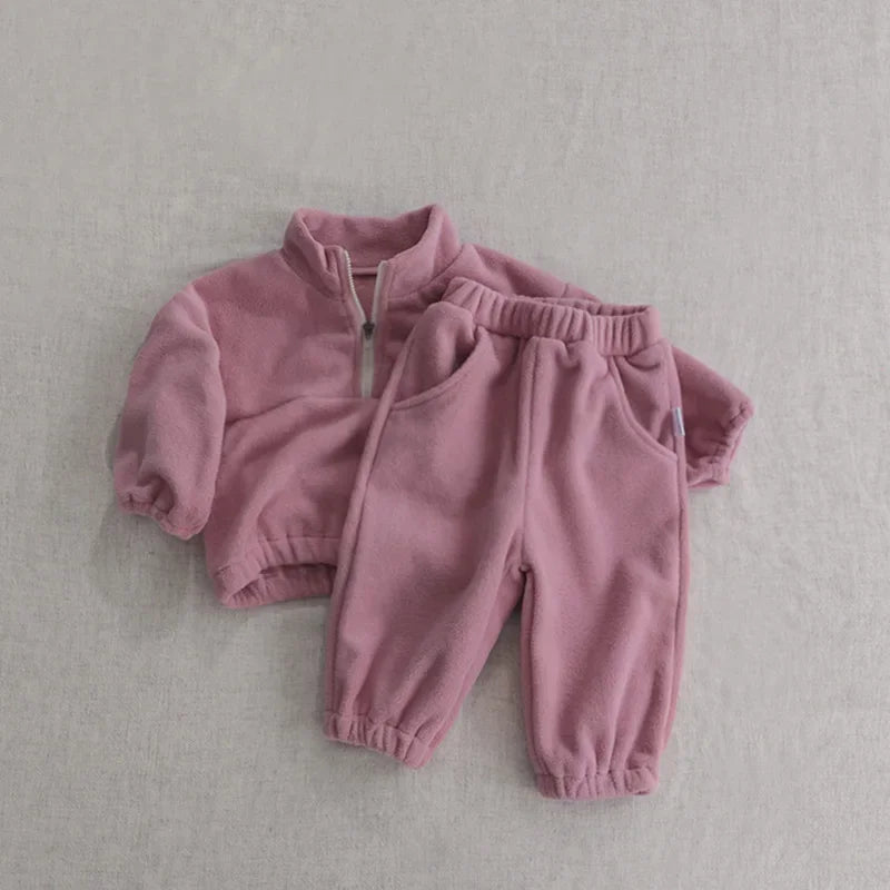 Winter Baby Sports Suit Solid Color Fleece Hoodies Suit Toddler Loose Outwear 2PCS (0-3T)