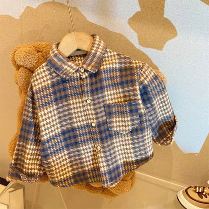 Herbst Kinder Plaid Shirt 2-7Y Vintage Stil Drehen-unten Kragen Jungen &amp; Mädchen Casual Top