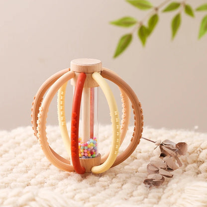 Baby Rattle & Rain Drum - Wooden & Silicone Sensory Teether Toy