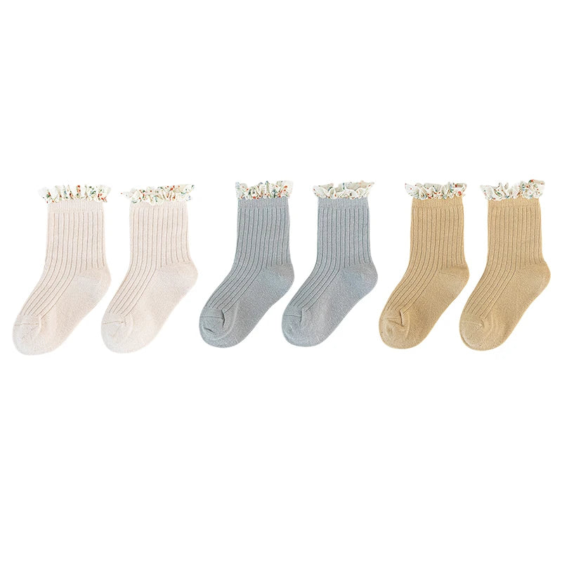 Lot de 3 paires de chaussettes évasées pour bébé fille – Chaussettes mi-tubes en mousseline de soie, motif princesse et dentelle (0-5 ans)