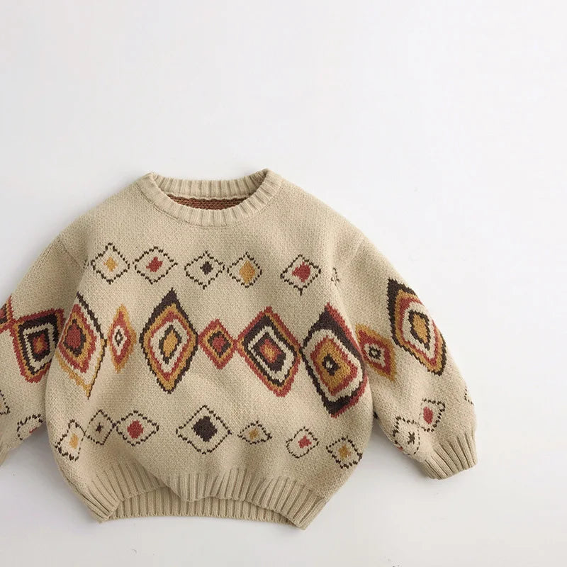 Pull enfant à carreaux colorés automne-hiver – Pull rétro pour garçon et manteau épais en tricot pour fille