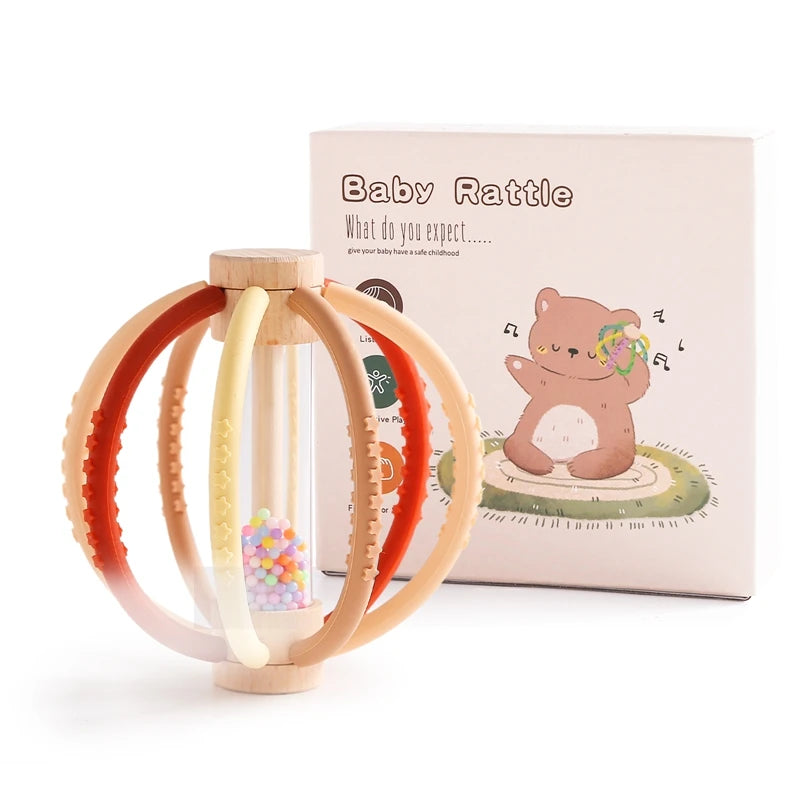 Baby Rattle & Rain Drum - Wooden & Silicone Sensory Teether Toy