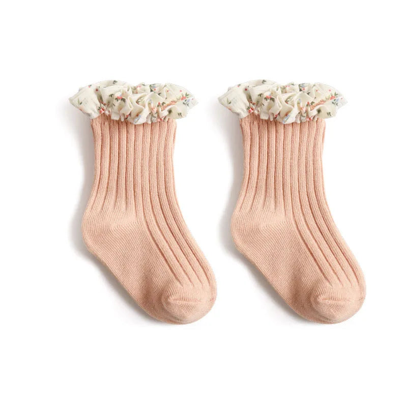 3er-Pack New Flare Babysocken für Mädchen – Chiffon-Socken mit Blumenmuster und Prinzessinnenspitze (0–5 Jahre)