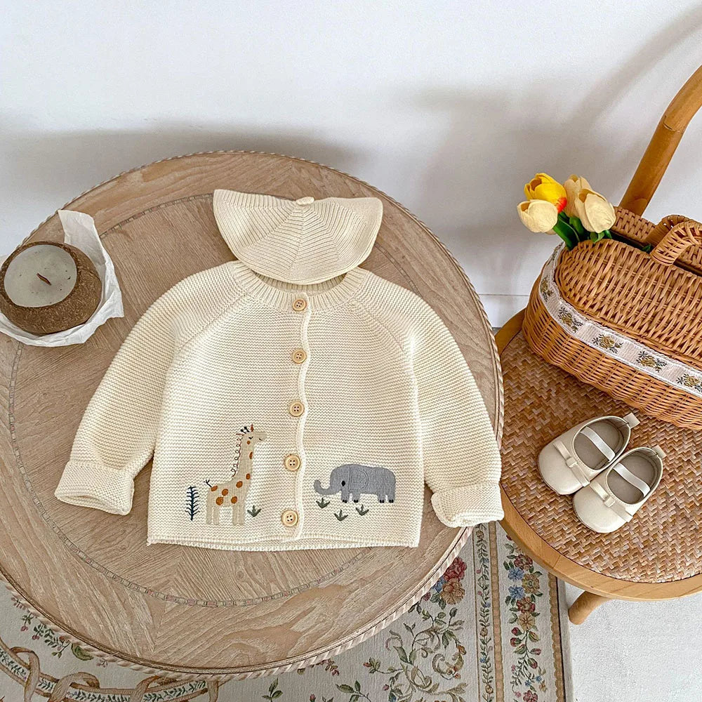 Pull d'automne brodé d'animaux pour bébé fille – Cardigan beige en tricot à col rond (0-3 ans)