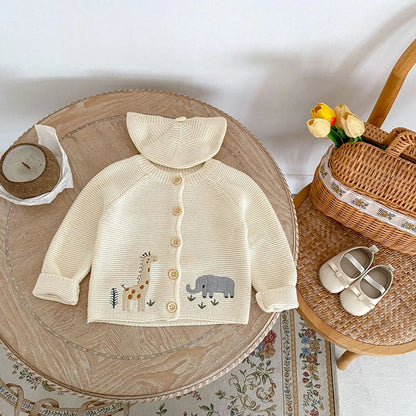 Autumn Baby Girls Animal Embroidery Sweater – Beige Knit O-Neck Cardigan (0-3Y)