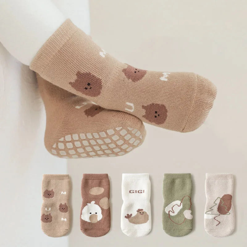 5 Paar/Packung Anti-Rutsch-Socken für Babys im Herbst – Cartoon-Socken für den Innenbereich und im Boden für Kleinkinder (0–5 Jahre)