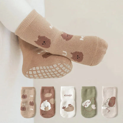 Lot de 5 paires de chaussettes antidérapantes pour bébé, motif dessin animé, pour l'intérieur et l'extérieur (0-5 ans)