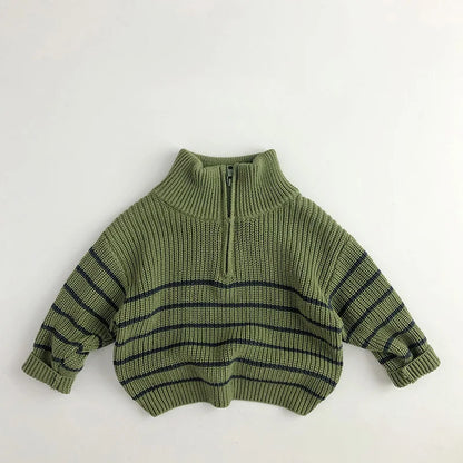 Autumn Stand Collar Striped Kids Sweater – Boys Pullover & Girls Half-Zip Knit Jacket