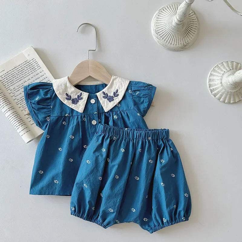 Ensemble de vêtements d'été pour bébé, joli chemisier à col Peter Pan et short, 2 pièces, pour petites filles