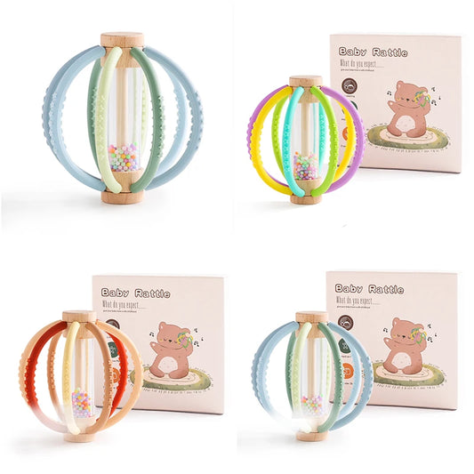 Baby Rattle & Rain Drum - Wooden & Silicone Sensory Teether Toy