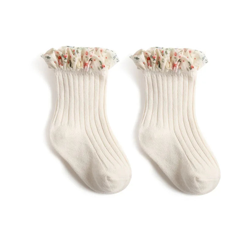 3er-Pack New Flare Babysocken für Mädchen – Chiffon-Socken mit Blumenmuster und Prinzessinnenspitze (0–5 Jahre)