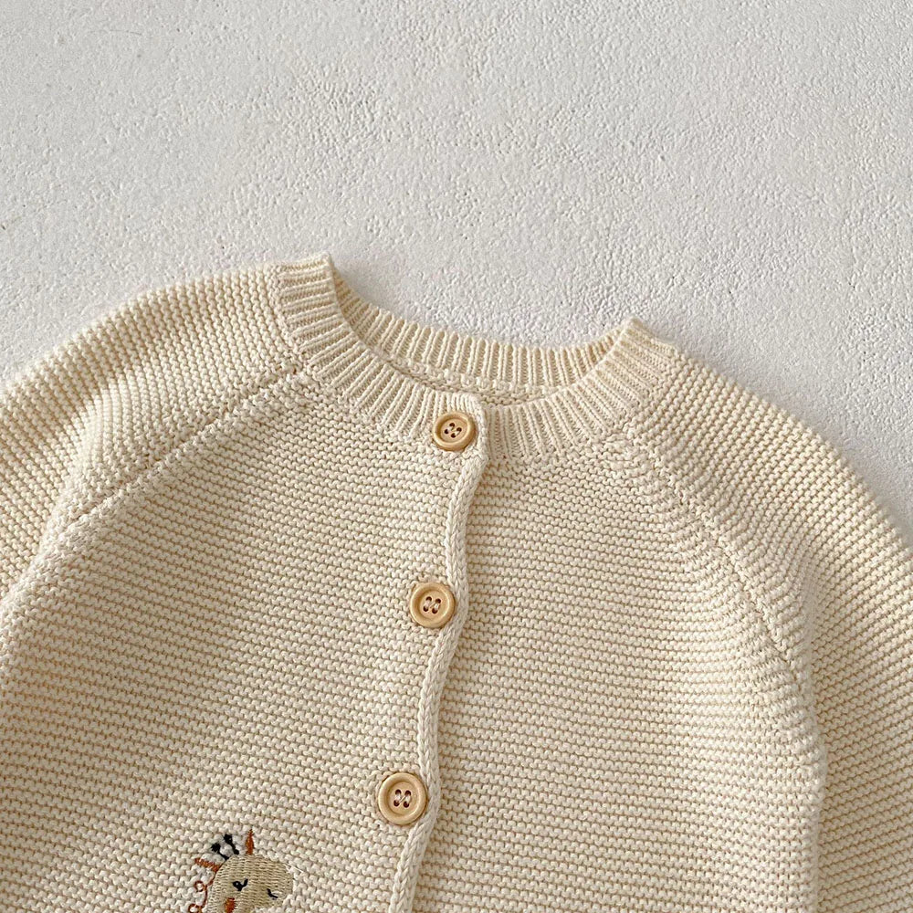 Autumn Baby Girls Animal Embroidery Sweater – Beige Knit O-Neck Cardigan (0-3Y)