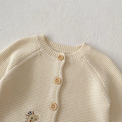 Herbstpullover für Baby-Mädchen mit Tierstickerei – Beigefarbener Strick-Cardigan mit Rundhalsausschnitt (0–3 Jahre)