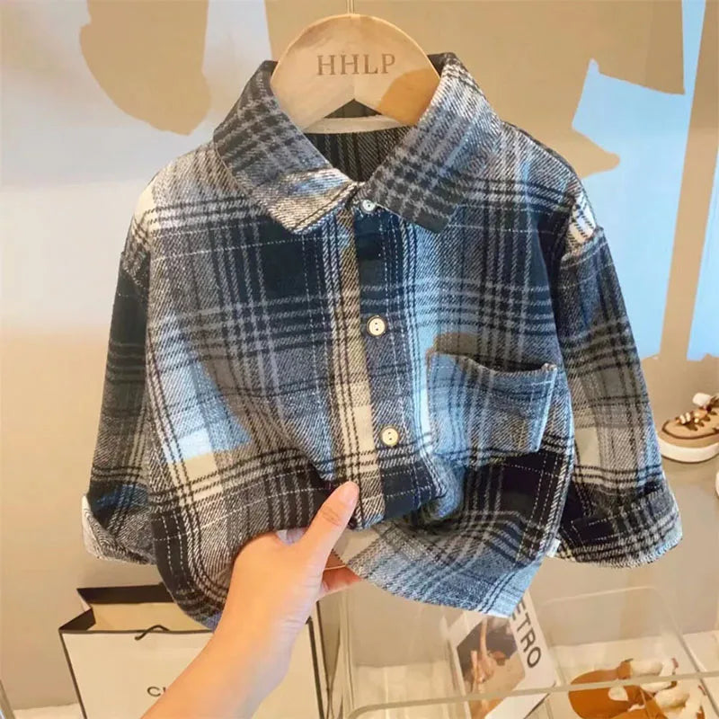 Autumn Kids Plaid Shirt 2-7Y Vintage Style Turn-Down Collar Boys & Girls Casual Top