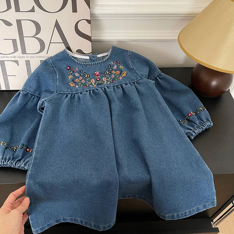 Mädchen Denim Kleider Herbst Neue Stickerei Floral Langarm Kleid Kinder Täglichen Casual Kleidung