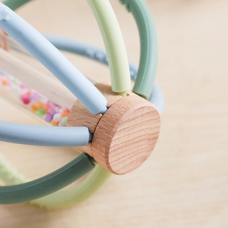 Baby Rattle & Rain Drum - Wooden & Silicone Sensory Teether Toy