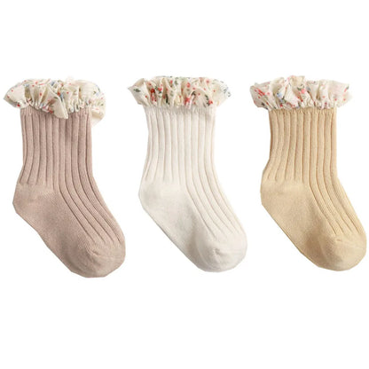 3er-Pack New Flare Babysocken für Mädchen – Chiffon-Socken mit Blumenmuster und Prinzessinnenspitze (0–5 Jahre)