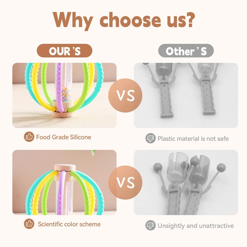 Hochet et tambour de pluie pour bébé - Jouet de dentition sensoriel en bois et silicone