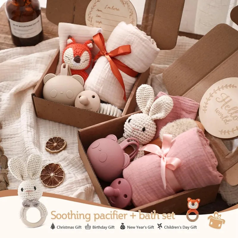 7PCS Baby Gift Set – Bath Toys, Towel, Blanket, Rattle & Milestone Accessories