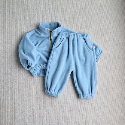 Winter Baby Sports Suit Solid Color Fleece Hoodies Suit Toddler Loose Outwear 2PCS (0-3T)