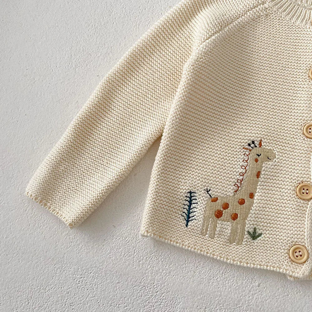 Pull d'automne brodé d'animaux pour bébé fille – Cardigan beige en tricot à col rond (0-3 ans)